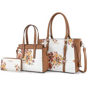 Womens Flower Light Brown 3PCS Purses Tote Wallet  Shoulder Satchel Handbags Set